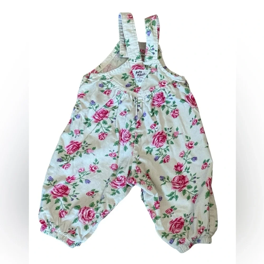 VTG 90’s OshKosh B'gosh Bubble Romper Corduroy Floral Overalls‎ - Pink and White